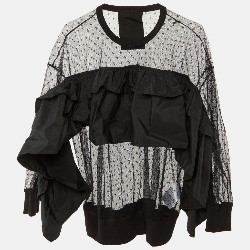 RED Valentino Black Pointelle Tulle & Taffeta Ruffled Top XS