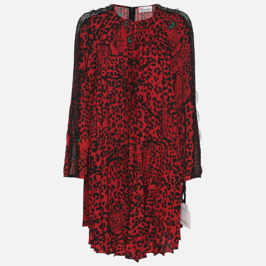 RED Valentino Red Animal Print Stretch Crepe and Lace Long Sleeve Top Dress M RED Valentino Red Animal Print Stretch Crepe and Lace Long Sleeve Top Dress M