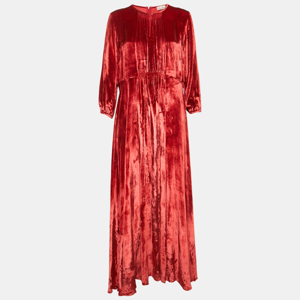 RED Valentino Red Velvet Shirring Detail Maxi Dress XL RED Valentino Red Velvet Shirring Detail Maxi Dress XL