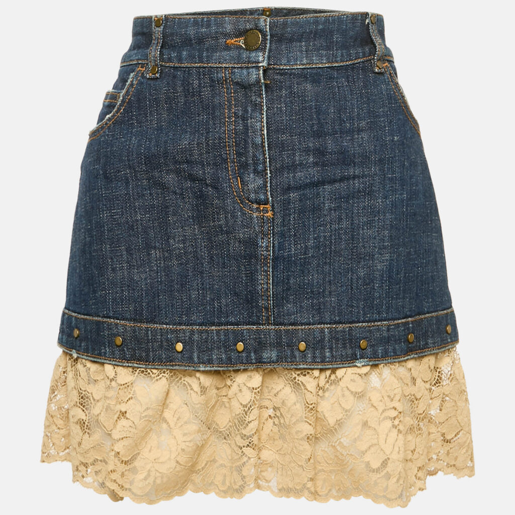RED Valentino Blue Denim Lace Ruffled Mini Skirt M Waist 31" RED Valentino Blue Denim Lace Ruffled Mini Skirt M Waist 31"