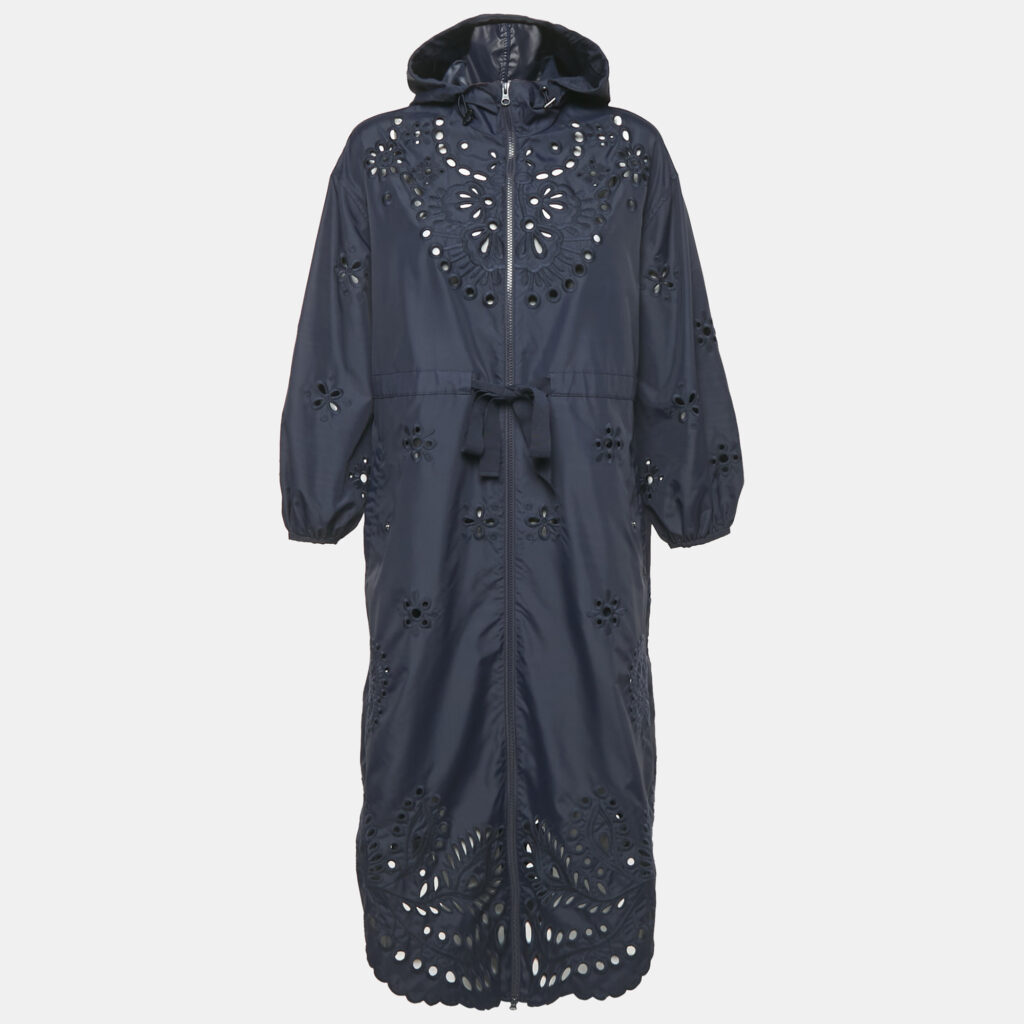 RED Valentino Navy Blue Broderie Anglaise Nylon Hooded Parka S RED Valentino Navy Blue Broderie Anglaise Nylon Hooded Parka S