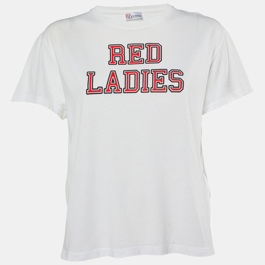 RED Valentino White Red Ladies Cotton Distressed T-Shirt S