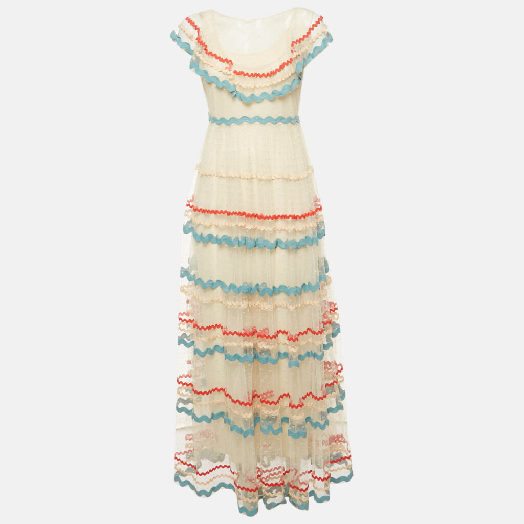 RED Valentino Cream Tulle Lace Detail Ruffled Maxi Dress M RED Valentino Cream Tulle Lace Detail Ruffled Maxi Dress M