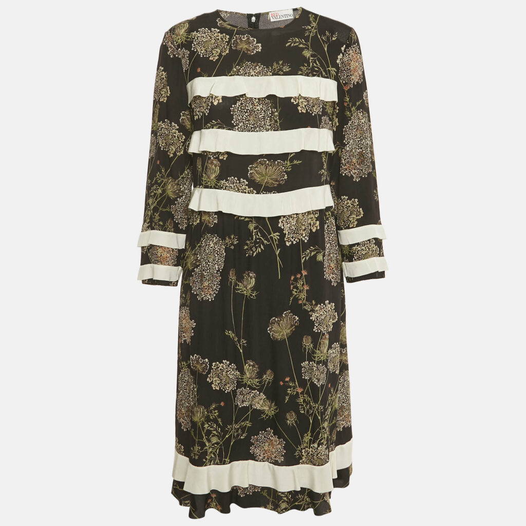 RED Valentino Black Floral Print Silk Frill Detail Midi Dress M RED Valentino Black Floral Print Silk Frill Detail Midi Dress M