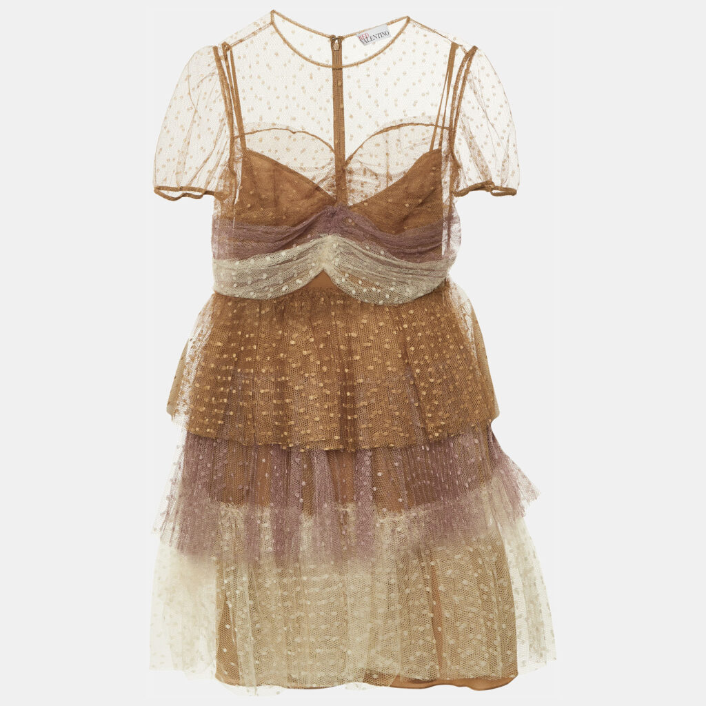 RED Valentino Brown Point d'esprit Tulle Tiered Mini Dress M RED Valentino Brown Point d'esprit Tulle Tiered Mini Dress M