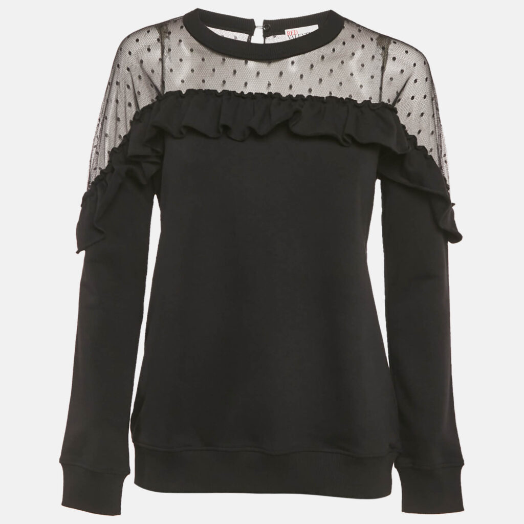 RED Valentino Black Cotton Knit Point D'Esprit Tulle Detail Sweatshirt S RED Valentino Black Cotton Knit Point D'Esprit Tulle Detail Sweatshirt S