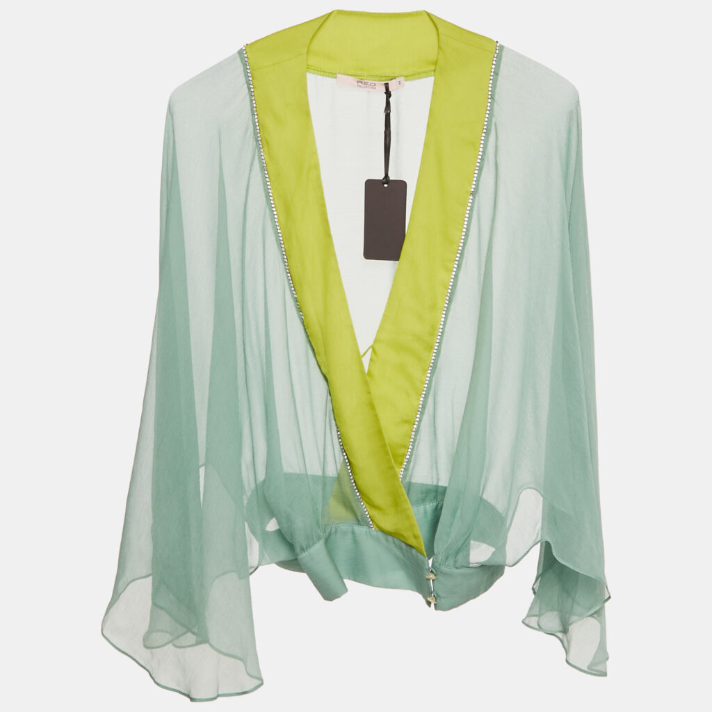 RED Valentino Green Sheer Embellished Trim Silk Wrap Around Top S