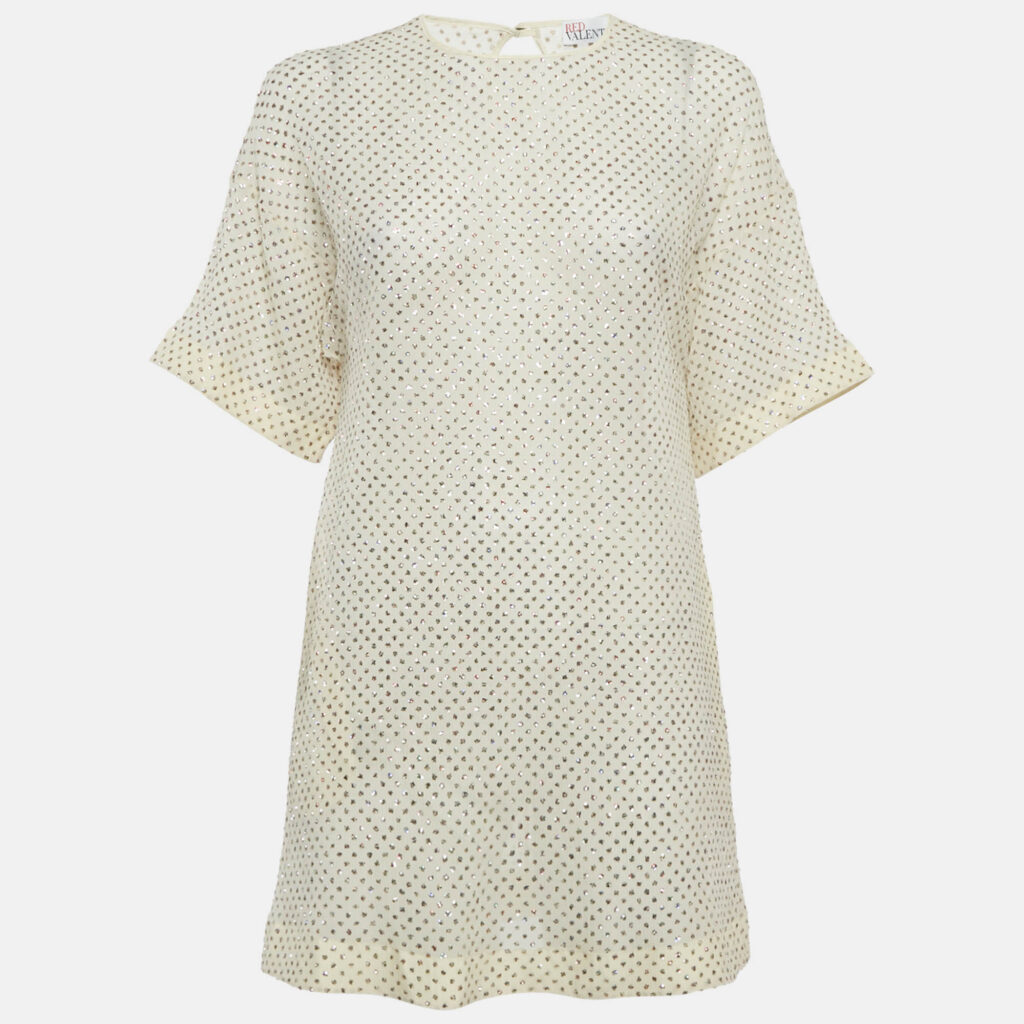 RED Valentino Beige Sheer Glittered Polka-Dot Silk Mini Dress S