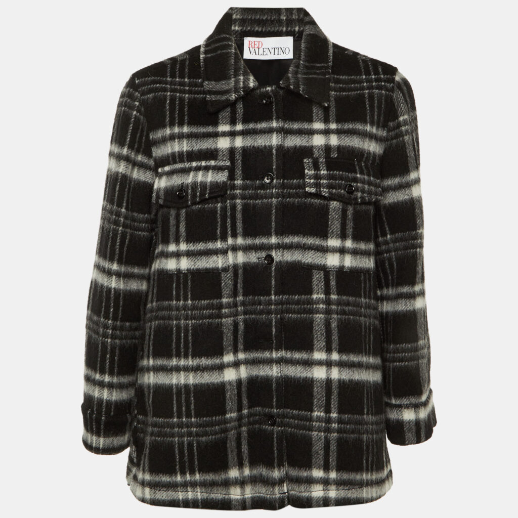 RED Valentino Black Plaid Checked Wool Button Front Jacket S RED Valentino Black Plaid Checked Wool Button Front Jacket S