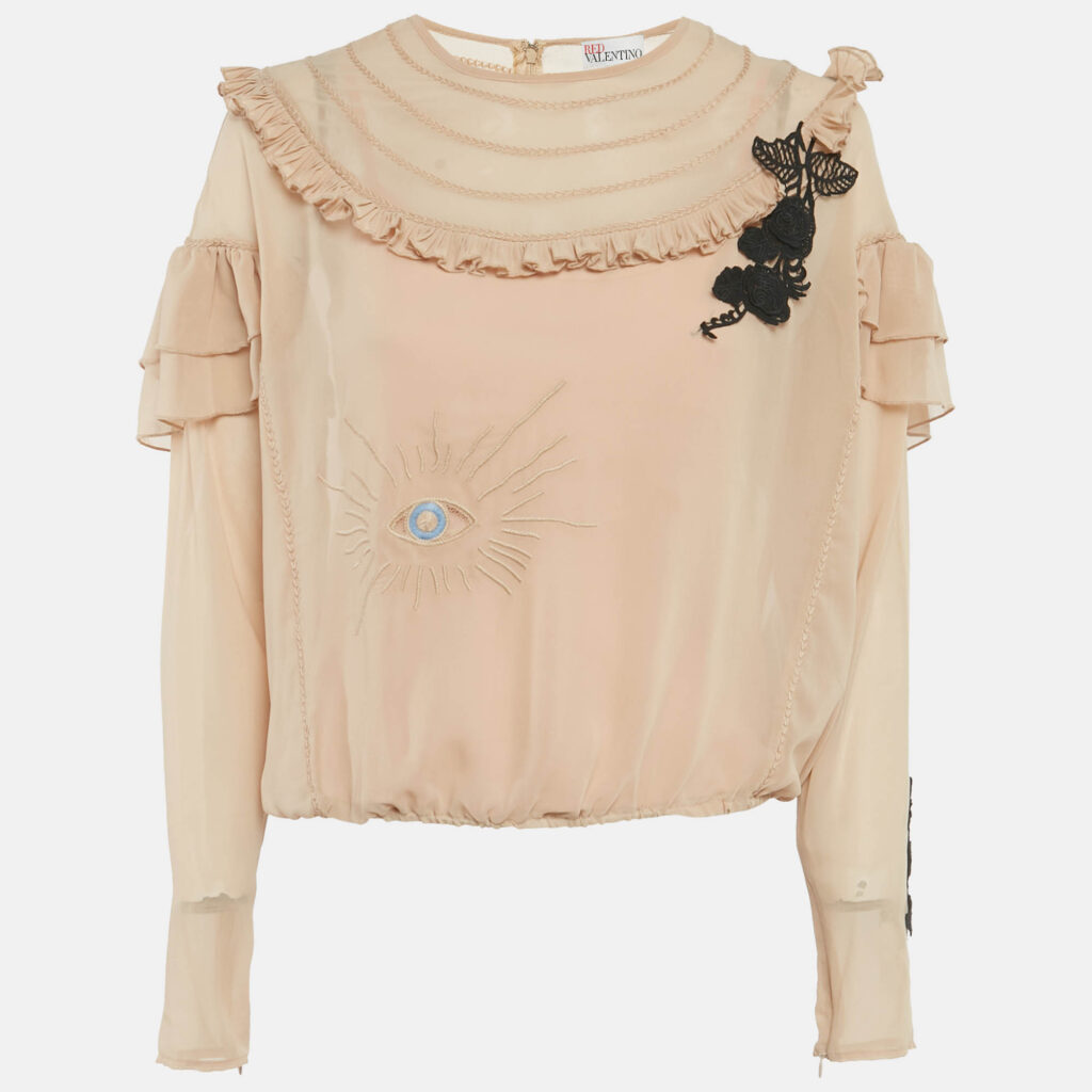 RED Valentino Beige Embroidered Crepe Frill Detail Sheer Top M RED Valentino Beige Embroidered Crepe Frill Detail Sheer Top M