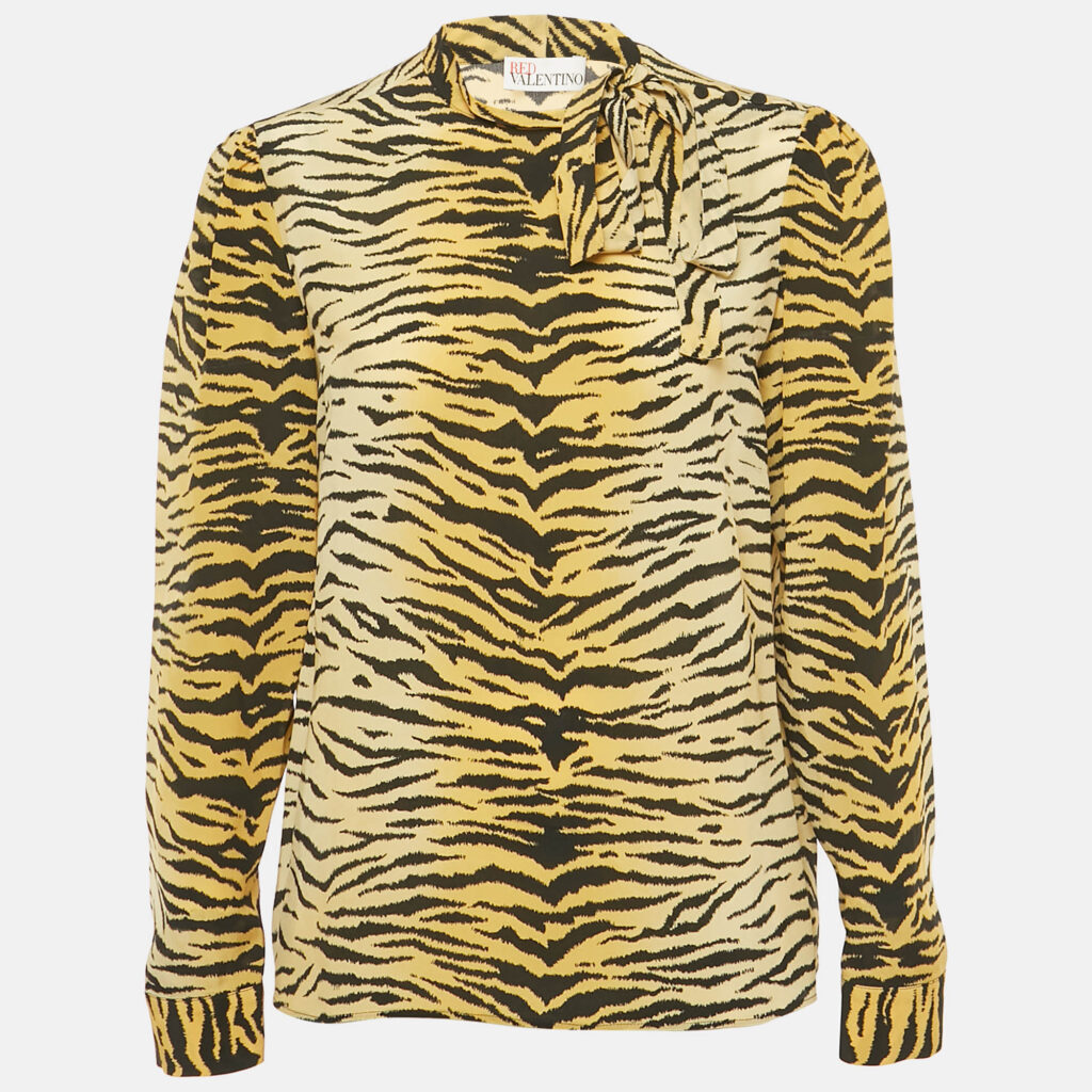 RED Valentino Yellow /Black Tiger Print Silk Neck Tie Detail Top M RED Valentino Yellow /Black Tiger Print Silk Neck Tie Detail Top M