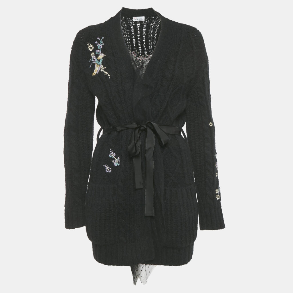 RED Valentino Black Floral Embroidered Knit Cardigan XS