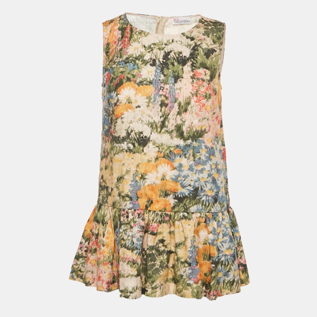 RED Valentino Green Floral Print Ramie Mini Dress S