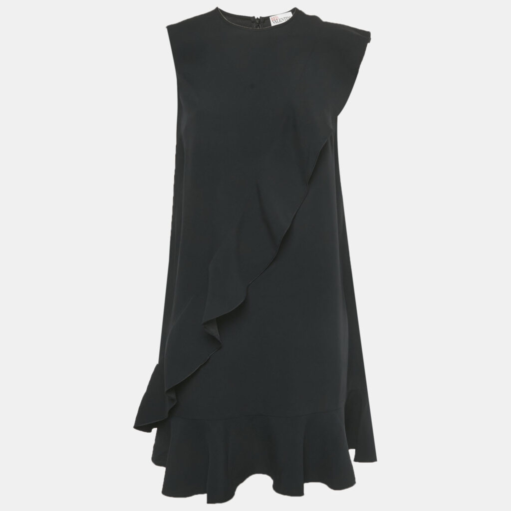 RED Valentino Black Crepe Frill Flounced Hem Mini Dress S RED Valentino Black Crepe Frill Flounced Hem Mini Dress S