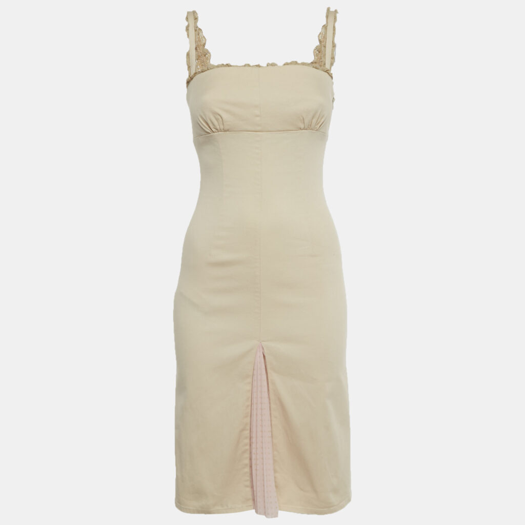RED Valentino Beige Cotton Plisses Detail Sleeveless Midi Dress S RED Valentino Beige Cotton Plisses Detail Sleeveless Midi Dress S