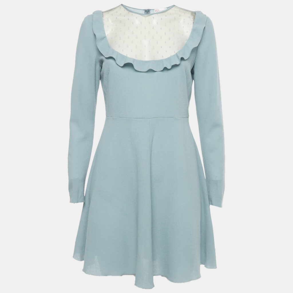 RED Valentino Blue Mesh Trim Crepe Mini Dress M RED Valentino Blue Mesh Trim Crepe Mini Dress M