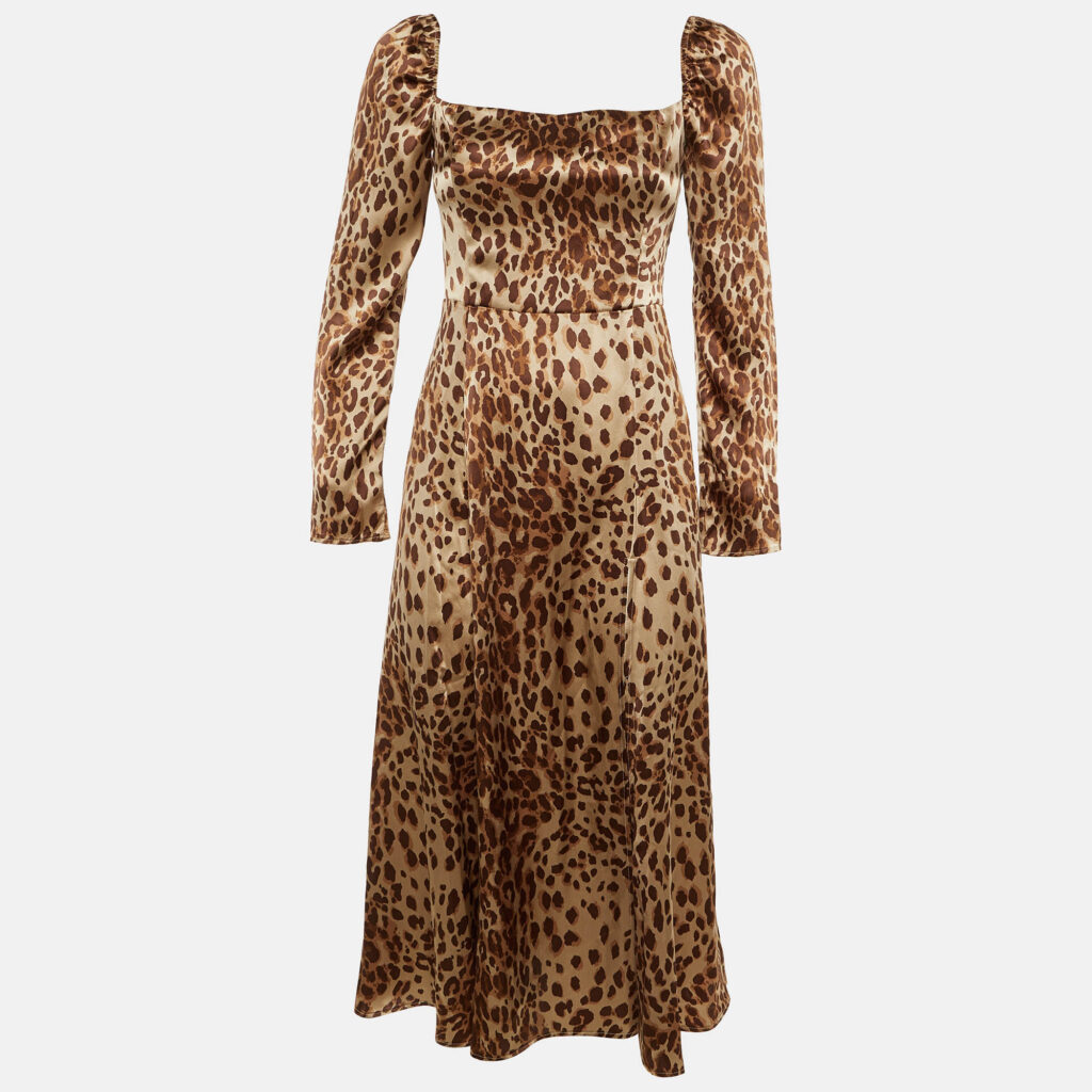 Reformation Brown Animal Print Silk Slit Midi Dress M