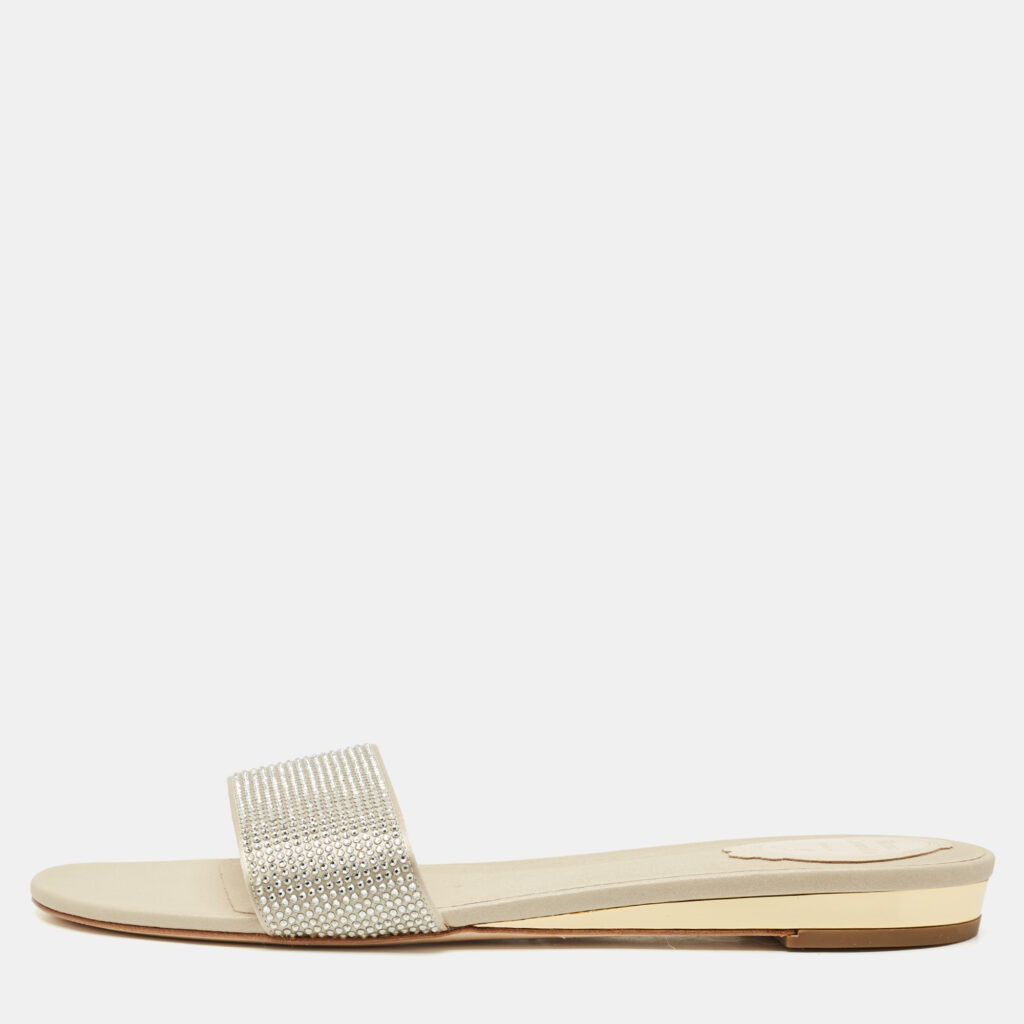 René Caovilla Light Gold Satin Crystals Embellished Flat Slides Size 41 René Caovilla Light Gold Satin Crystals Embellished Flat Slides Size 41