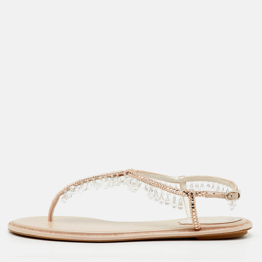 René Caovilla Beige Satin Crystal Chandelier Embellished T Strap Flats Size 36.5 René Caovilla Beige Satin Crystal Chandelier Embellished T Strap Flats Size 36.5