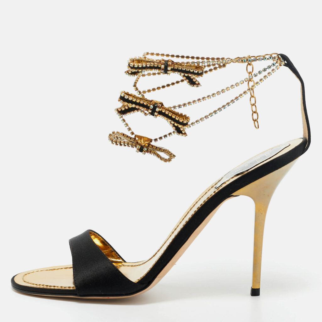 René Caovilla Black Satin Crystal Embellished Ankle Strap Sandals Size 39.5 René Caovilla Black Satin Crystal Embellished Ankle Strap Sandals Size 39.5