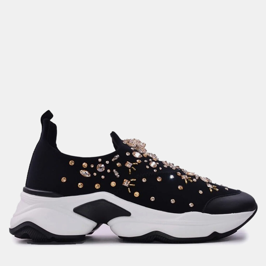 Rene Caovilla Fabric Crystal Black Leather Sneakers Rene Caovilla Fabric Crystal Black Leather Sneakers