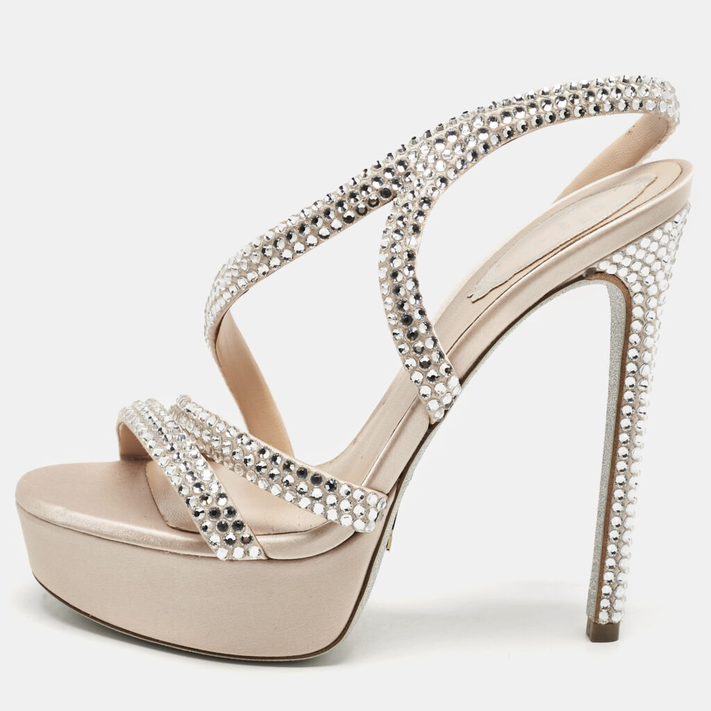 René Caovilla Beige Satin Lisa Crystals Platform Sandals Size 37 René Caovilla Beige Satin Lisa Crystals Platform Sandals Size 37