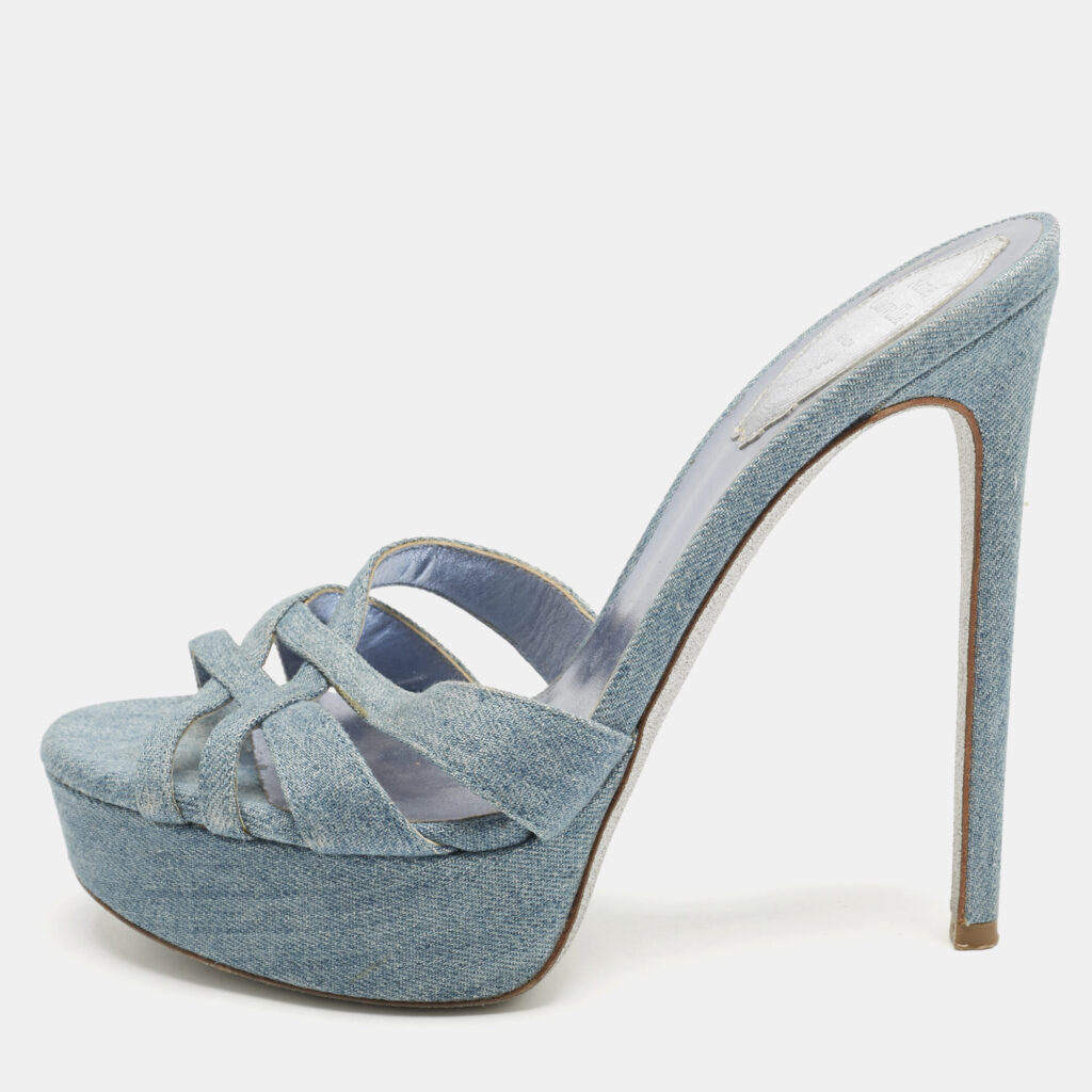 René Caovilla Blue Denim Strappy Platform Slide Sandals Size 37 René Caovilla Blue Denim Strappy Platform Slide Sandals Size 37