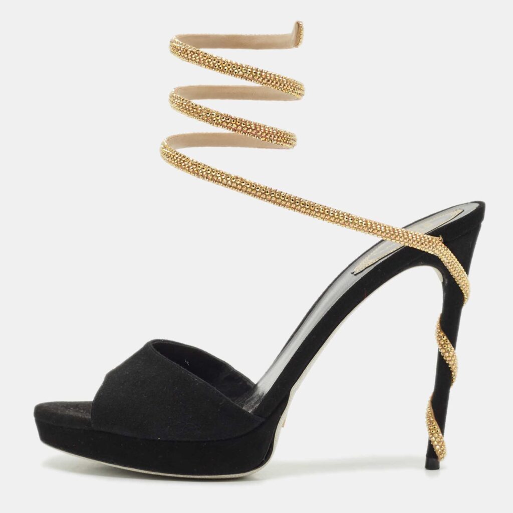 René Caovilla Black Suede Margot Platform Sandals Size 41