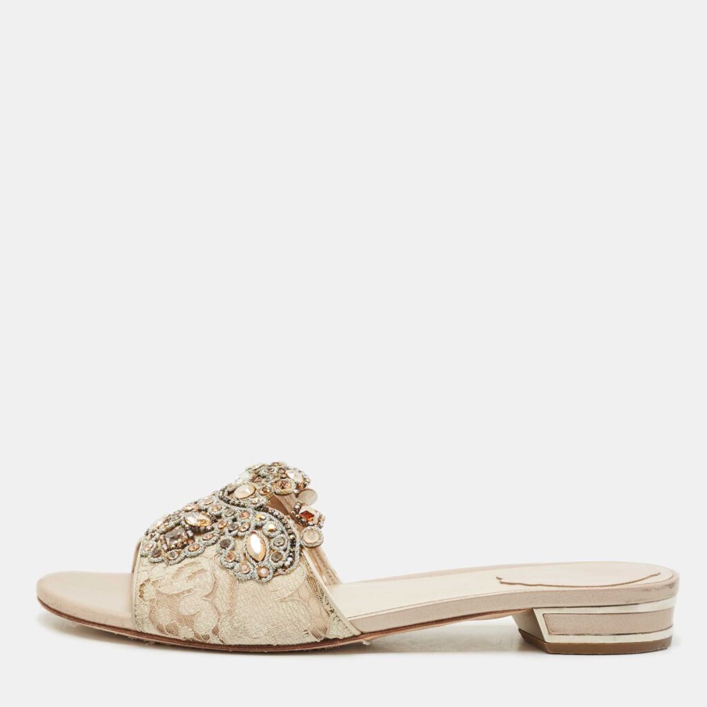 René Caovilla Beige Lace Crystals Embellished Flat Slides Size 39 René Caovilla Beige Lace Crystals Embellished Flat Slides Size 39