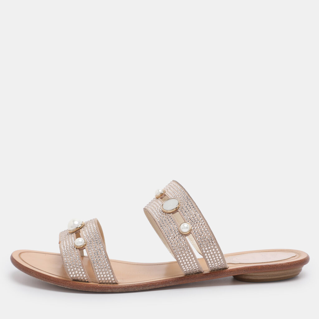 luxury-women-rene-caovilla-used-shoes-p1191298-001-1.jpg René Caovilla Beige Suede Crystal Embellished Slide Flat Sandals Size 38