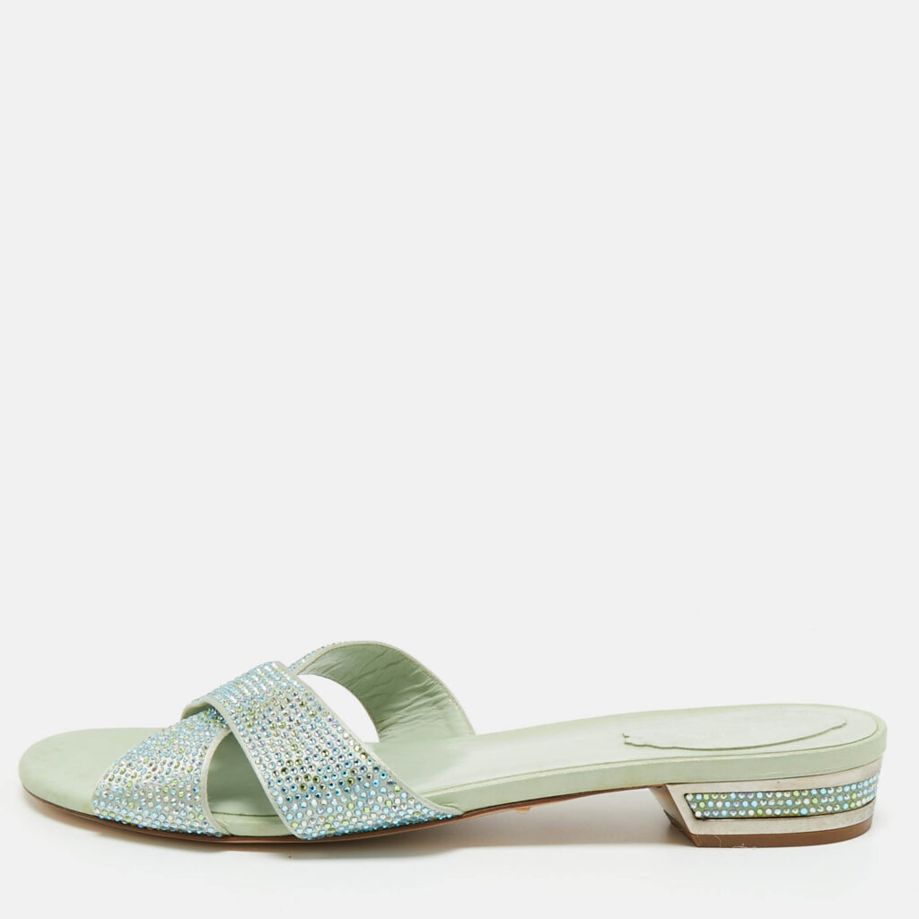 René Caovilla Blue Satin Crystal Embellished Flat Slides Size 41 René Caovilla Blue Satin Crystal Embellished Flat Slides Size 41