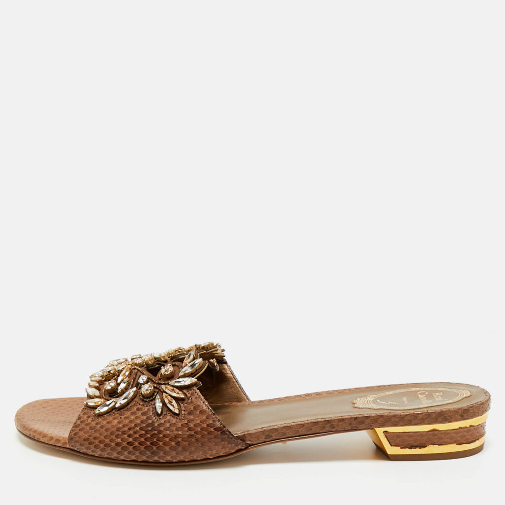René Caovilla Brown Snakeskin Leather Crystal Embellished Flat Sandals Size 41 René Caovilla Brown Snakeskin Leather Crystal Embellished Flat Sandals Size 41