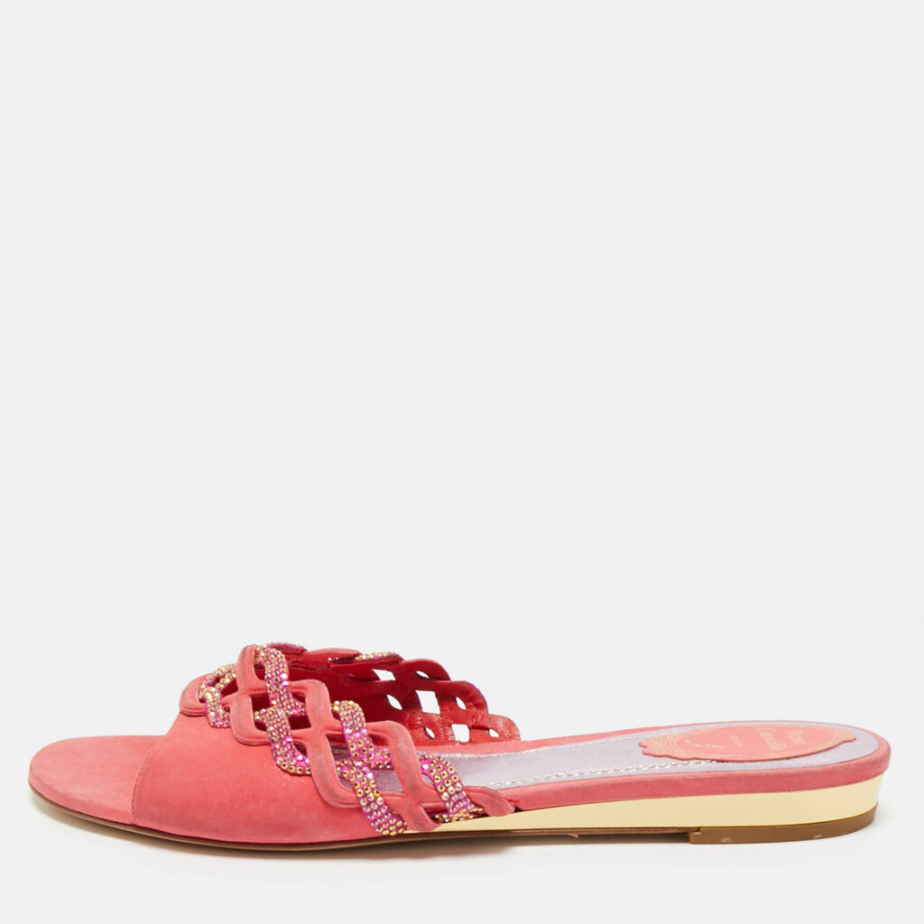 René Caovilla Pink Suede Crystals Embellished Flat Slides Size 41 René Caovilla Pink Suede Crystals Embellished Flat Slides Size 41