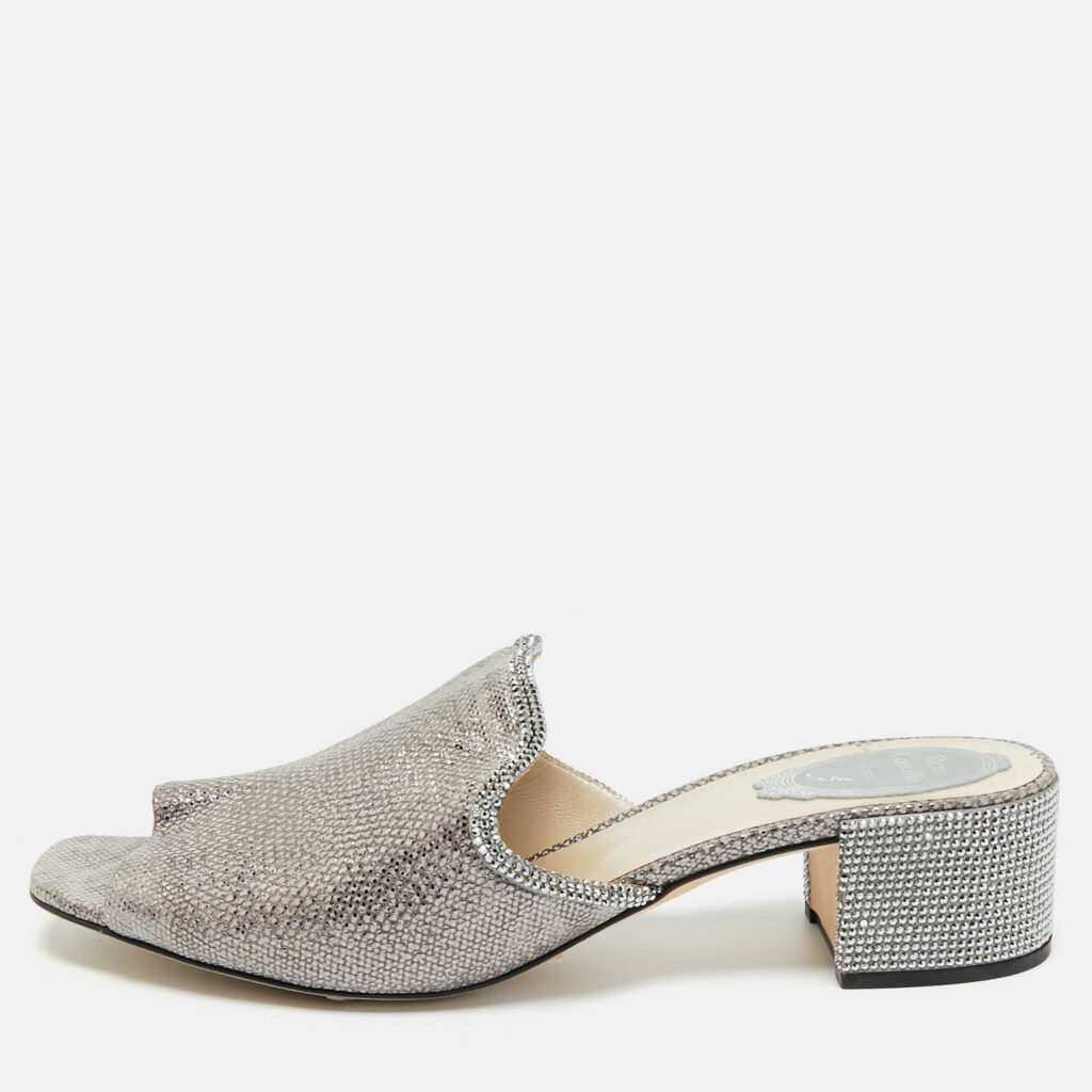 René Caovilla Grey//Silver Texture Leather Crystal Embellished Mules Size 41 René Caovilla Grey//Silver Texture Leather Crystal Embellished Mules Size 41