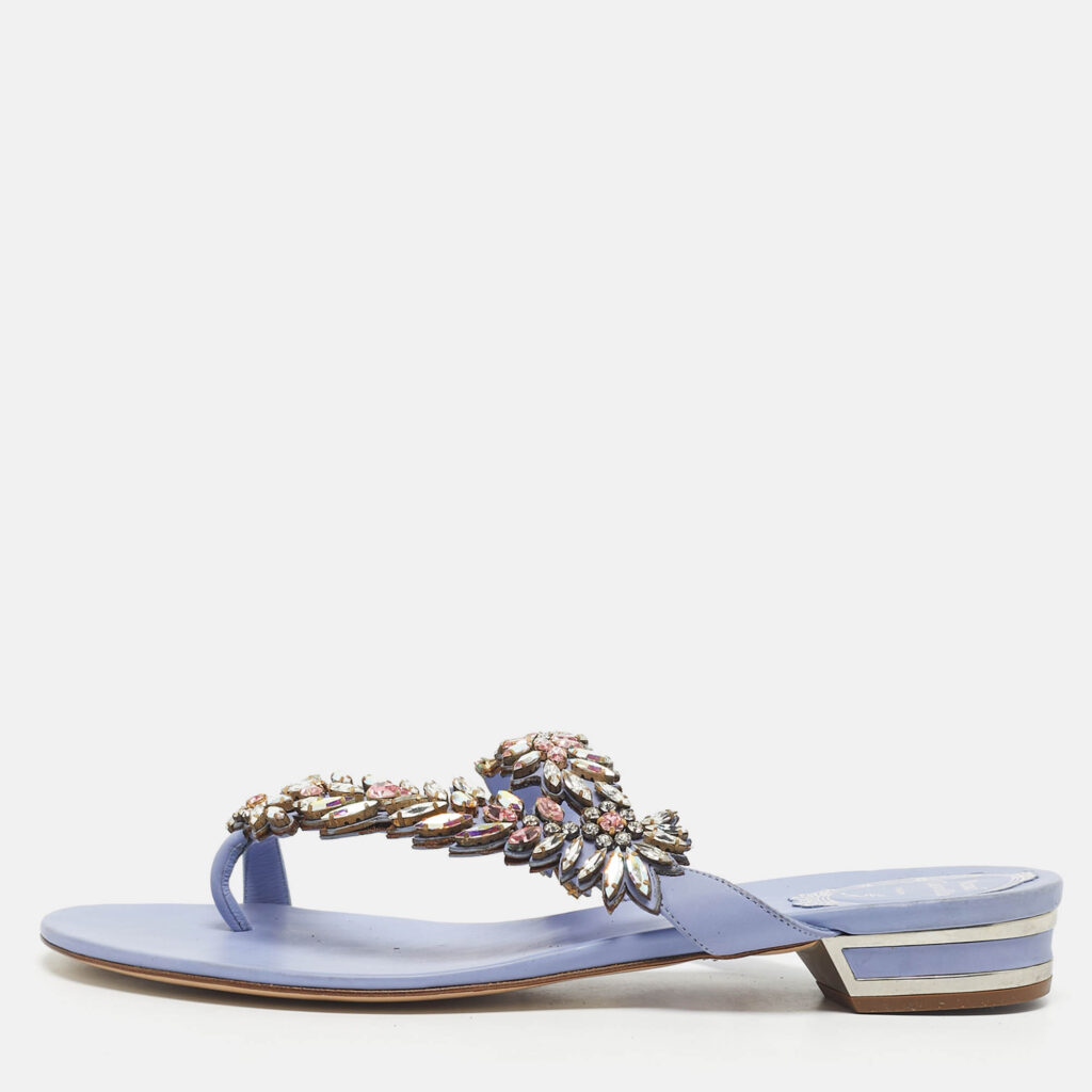 René Caovilla Blue Leather Crystal Embellished Flat Slides Size 41 René Caovilla Blue Leather Crystal Embellished Flat Slides Size 41