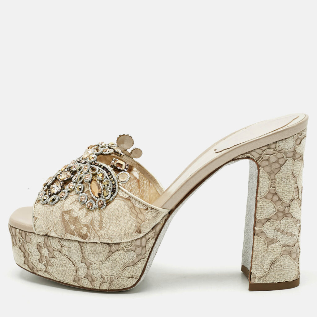 René Caovilla Grey/Beige Lace and Mesh Crystal Embellish Block Heel Slide Sandals Size 38