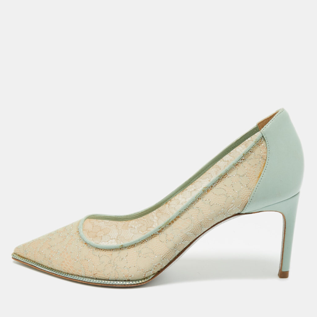 René Caovilla Blue/Beige Lace and Leather Pointed Toe Pumps Size 35.5 René Caovilla Blue/Beige Lace and Leather Pointed Toe Pumps Size 35.5