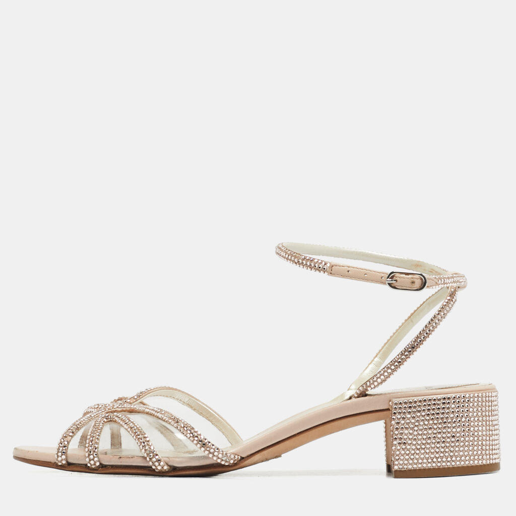 René Caovilla Beige Satin Crystal Embellished Cleo Ankle Strap Sandals Size 40