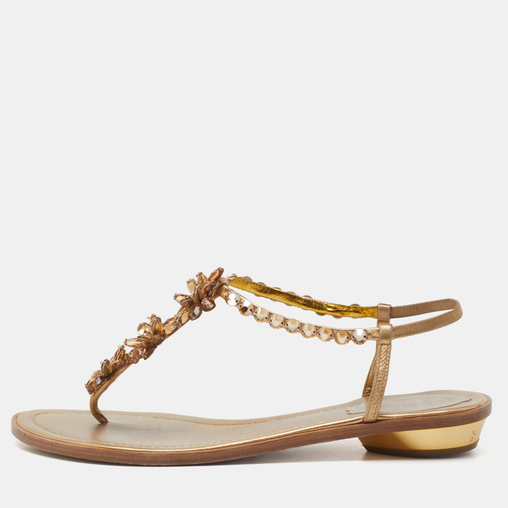 René Caovilla Gold Leather Crystals Embellished Thong Flats Size 38