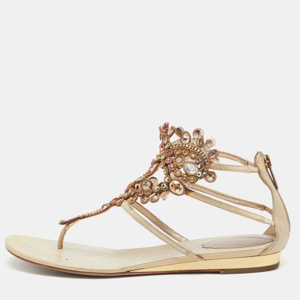 René Caovilla Gold Leather Crystals Embellished T Strap Flats Size 38 René Caovilla Gold Leather Crystals Embellished T Strap Flats Size 38