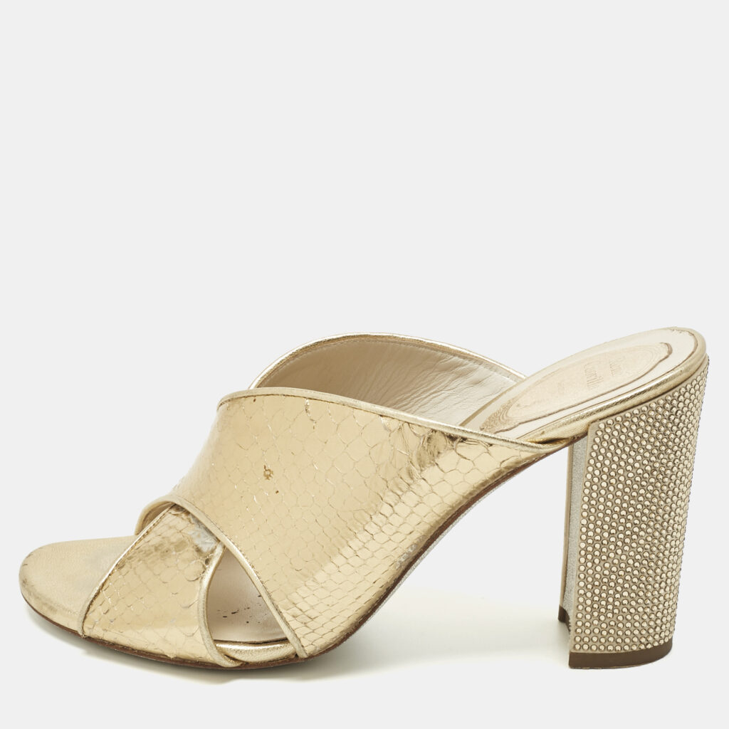 luxury-women-rene-caovilla-used-shoes-p1207905-001-1.jpg René Caovilla Gold Python Crisscross Slide Sandals Size 38.5