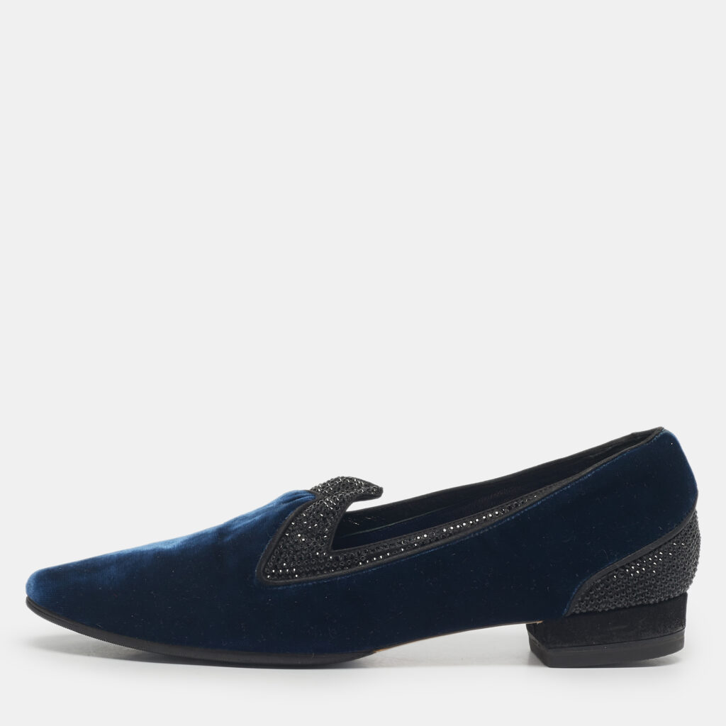 René Caovilla Blue Velvet Crystal Embellished Smoking Slippers Size 35 René Caovilla Blue Velvet Crystal Embellished Smoking Slippers Size 35