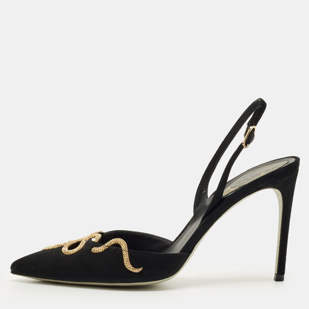 René Caovilla Black Suede Snake Crystal Embellish Slingback Pumps Size 37.5