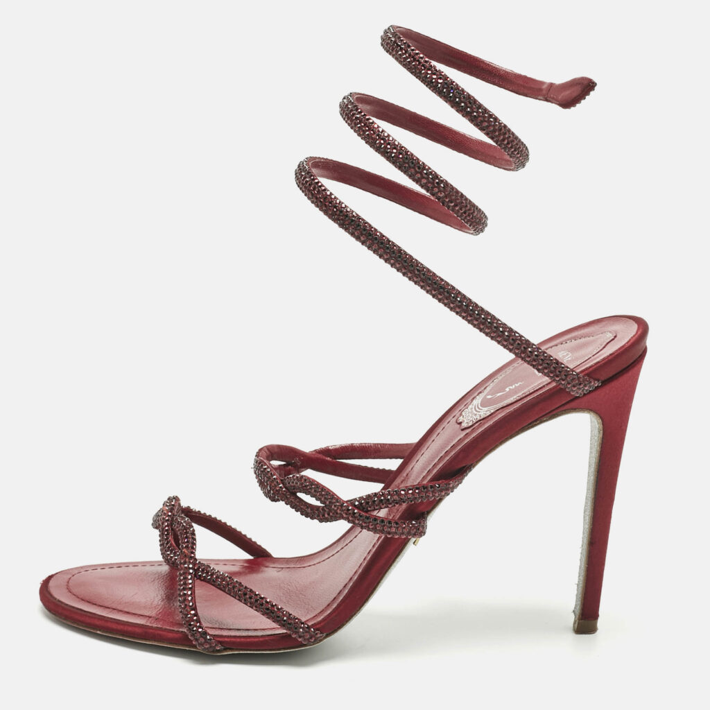 René Caovilla Burgundy Satin Cleo Ankle Strap Sandals Size 39
