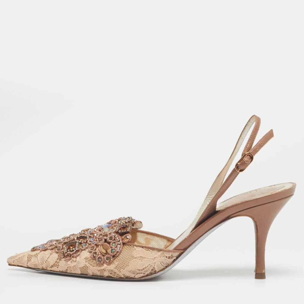 René Caovilla Golden Lace And Leather Crystals Embellished Veneziana Slingback Pumps Size 38