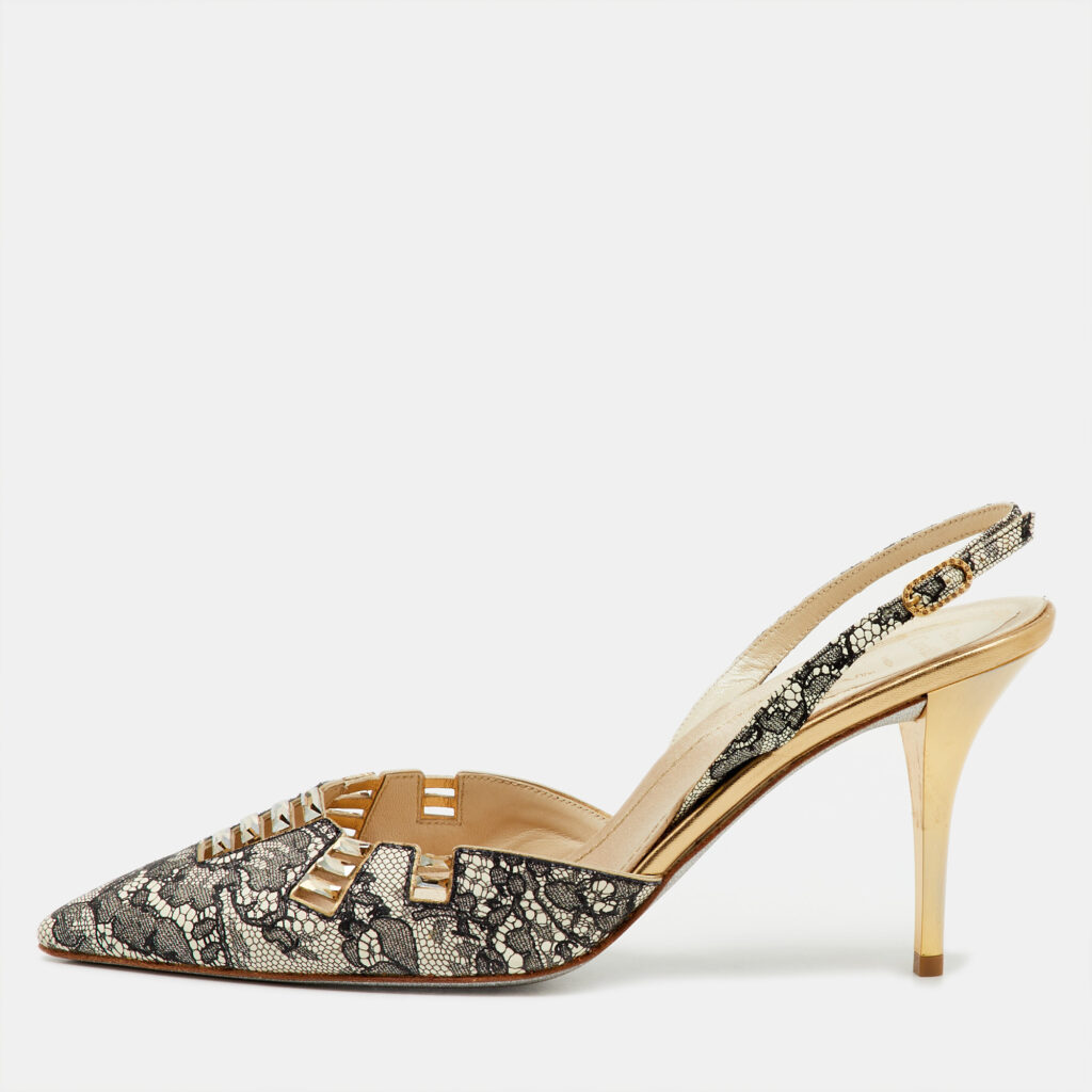 Rene Caovilla Black/White Leather and Lace Crystal Embellished Slingback Pumps Size 40