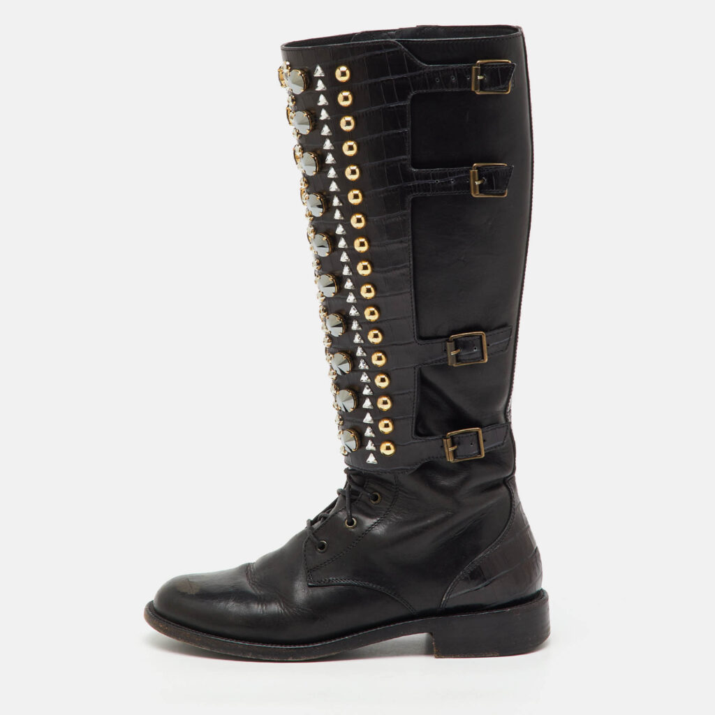 René Caovilla Black Croc Embossed and Leather Crystal Studded Knee Boots Size 36.5 René Caovilla Black Croc Embossed and Leather Crystal Studded Knee Boots Size 36.5