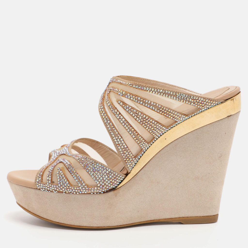Rene Caovilla Beige Crystal Embellished Fabric And Mesh Platform Wedge Slides Size 37