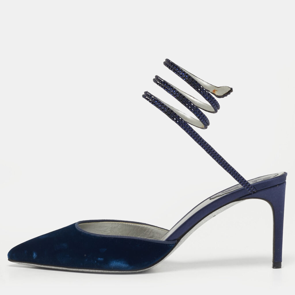 Rene Caovilla Navy Blue Velvet Cleo Crystal Embellished Ankle Wrap Pumps Size 38 Rene Caovilla Navy Blue Velvet Cleo Crystal Embellished Ankle Wrap Pumps Size 38