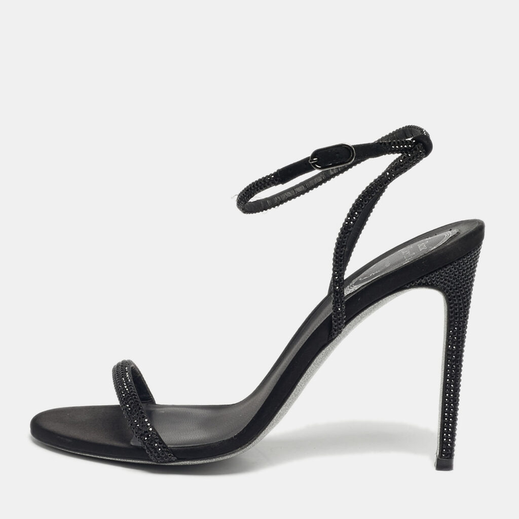 René Caovilla Black Satin Crystal Embellished Ankle Wrap Sandals Size 38
